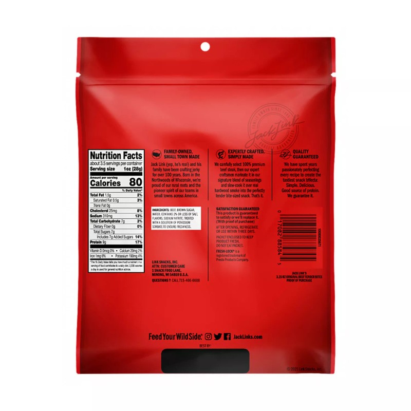 Jack Link's Beef Tender Bites, Original Flavor, Protein-Rich Snack, 3.25