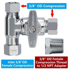 YUHX Brass Angle Stop Add-A-Tee Valve for TOTO Washlet Bidet and Handheld Sprayer, 3/8 Inch Compression Shut Off 3 Way Diverter Connector, 3/8 x3/8"x3/8" or 1/2" Toilet T Adapter