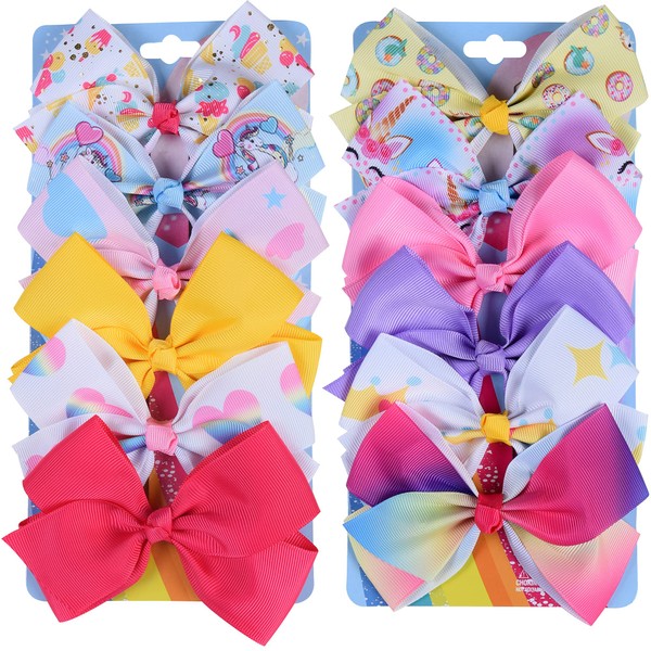 12Pcs 5 Inch Hair Bows for Girls, Rainbow Heart Hair Bow Alligator Clips Colorful Grosgrain Ribbon Bows Hair Clips for Girls Toddlers Kids Children Teens
