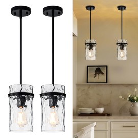 JIMKIGTO 2 Pack Glass Pendant Lights Kitchen Island, Modern Farmhouse Hammered Glass Pendant Light, Adjustable Pendant Lighting for Kitchen Island Over Sink Dining Room Foyer