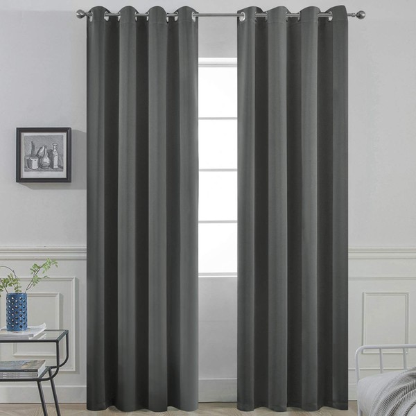 Yakamok Room Darkening Dark Grey Blackout Curtains, Light Blocking Thermal Insulated Solid Grommet Window Drapes for Bedroom(One Pair, 52 Inch by 84 Inch)