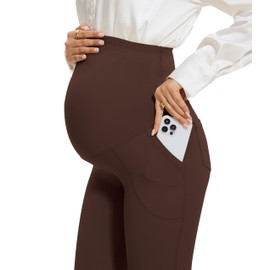 VIMPEP Smooth Feeling Flare Maternity Leggings Over The Belly Pregnancy Bootcut Yoga Pants Petite/Regular with Pockets C201 29 Brown M