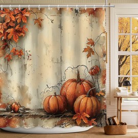 MEHOFOND Fall Pumpkin Shower Curtain for Bathroom Thanksgiving Harvest Maple Leaf Vintage Shower Curtain Autumn Pumpkin Rustic Bathroom Decor Curtain Waterproof Fabric 72x72 Inch