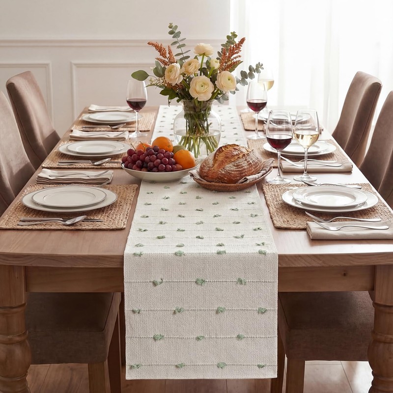 Artoid Mode Sage Green Boho Farmhouse Cotton Woven Table Runner,