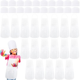 Swakuta 40 Pcs DIY Kids Apron and Chef Hat Set Including 20 Pcs Adjustable Chef Hat 20 Pcs Children White Apron Child White Aprons with Pocket for Boys Girls Baking Cooking Painting Wear