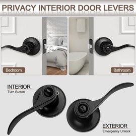 Sopoby 6 Pack Matte Black Door Handles Privacy Door Levers, Heavy Duty Wave Style Bed/Bath Door Locks Interior Door Knobs, Reversible Levers for Right/Left Handed Doors