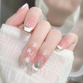 Christmas Press on Nails Short French Tips Fake Nails Cute Christmas Glue on Nails with Santa Xmas Tree Design Square Acrylic Nails Nude Pink Full Cover False Nails for Women DIY Christmas Nails 24Pcs
