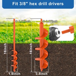 2Pcs Garden Auger Drill bit for Planting Bulb 1.6 X 16 & 3.5 X 16 inch Heavy Duty Steel Drill Augers for Digging Holes Beach Umbrella Drill Bit Tool for 3/8" Hex Drive Drill