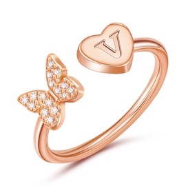Sora Tuki V Initial Ring for Women Rose Gold Letter Ring Adjustable Butterfly Heart Rings with Initial Rings for Teen Grils Dainty Ring Rose Gold Rings for Women Initial Jewelry