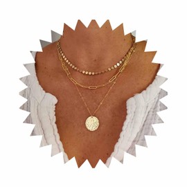 Iaceble Bohemia Layered Disc Choker Necklace Tiny Disc Chain Necklace Gold Paperclip Chain Necklace Disc Coin Pendant Necklace Jewelry for Women(Gold)