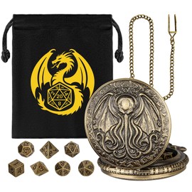 Mini DND Dice Set, with Steampunk Octopus with Wings, Pocket Watch Shell Case, 7-Piece Polyhedral Metal D&D Dice, DND Gift Bag with Dragon Logo, RPG, Role Play Board Game Accessories, Bronze, bronze