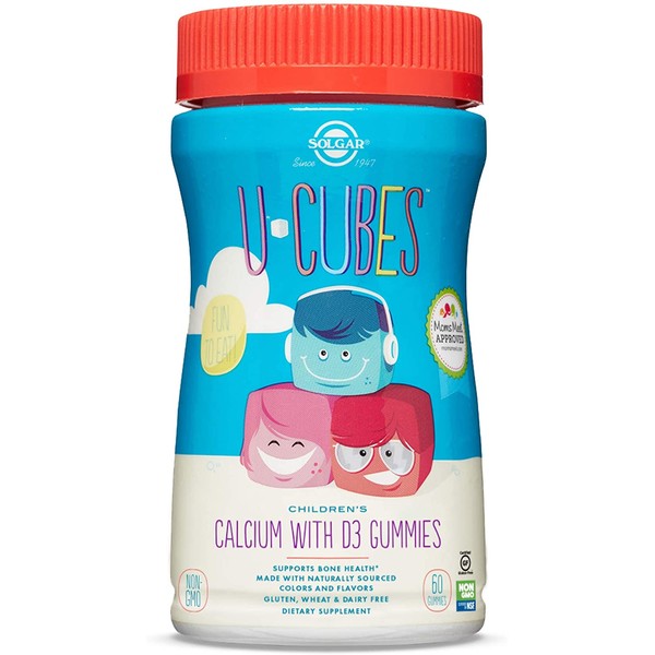 Solgar U-Cubes Children's Calcium with Vitamin D3, 60 Gummies - 3 Flavors, Pink Lemonade, Blueberry & Strawberry - Supports Bone & Teeth Health - Non GMO, Gluten Free, Dairy Free - 30 Servings