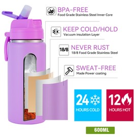 SUPPRUI Insulated Water Bottles,600ml Stainless Steel Water Bottle with Straw,Metal Water Bottle,Double Walled Drink Flasks Leakproof Keep Drinks Hot Cold(Black)