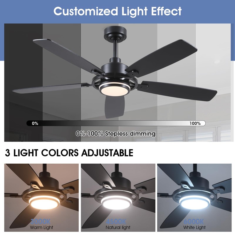 54" Black Ceiling Fans with Lights and Remote,Modern Led Ceiling