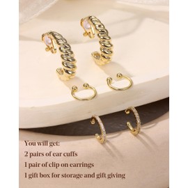 Thunaraz 𝟑 𝐏𝐚𝐢𝐫𝐬 Ear Cuff Clip on Earrings Fake Earrings Stack for Women - 𝟏𝟒𝐊 𝐆𝐨𝐥𝐝 𝐏𝐥𝐚𝐭𝐞𝐝 Trendy Gold Ear Cuffs Non Piercing Ear Cuff for Non Pierced Ears Chunky Clip-on Cartilage Earring Jewelry Hoop