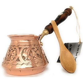 The Silk Road Trade - ACI Series (Small) - Thickest Solid Engraved Copper Turkish Greek Arabic Coffee Pot / Stovetop Coffee Maker, Jazzve, Cezve Ibrik, Briki, CafÃ© Turco with Wooden Handle (9 fl oz)