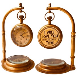 ALADEAN - Reloj de mesa de latón con brújula | Reloj romántico de computadora – Reloj mecánico clásico decorativo para los amantes del novio/marido regalos de cumpleaños/boda (te quiero)