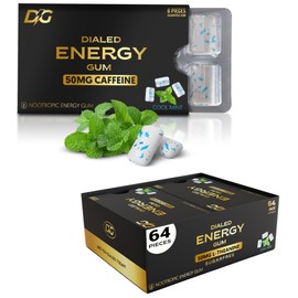 Dialed Energy Caffeine Gum (64pc) | 50mg Caffeine | Sugar Free Focus Supplement with L-theanine + Taurine + Vitamins B6 & B12 | Aspartame Free, 0 Calories | Nootropic Energy - Xylitol Gum | (Cool Mint)