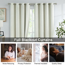 Urban Lotus Beige Linen Textured Full Blackout Curtain Panels 84 Inches Long Solid Color Room Darkening Thermal Inulated Drapes for Living Room/Bedroom Grommet Top Window Treatment, 52" W, 2 Panels