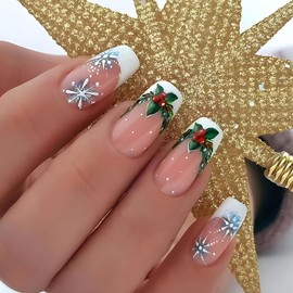 Christmas Press On Nails Medium - White French With Snowflake and Garland Design, 24Pcs Fake Nails With Glue, Stick On Nails for Women