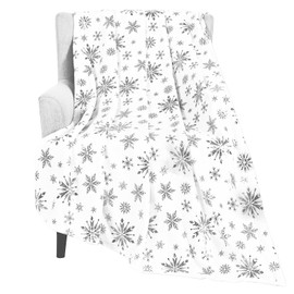 Merry Christmas Throw Blanket, Silver Snowflake Foil Print Throw Blankets, White Winter Fluffy Fleece Blanket for Couch Warm Bed Napping Flannel Blanket for Sofa Bedroom Gift Xmas Decor, 50" x 60"