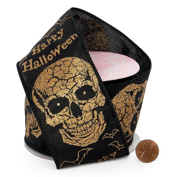 2 1/2" X 10 Yards Black/Gold Skulls Wired Ribbon Halloween