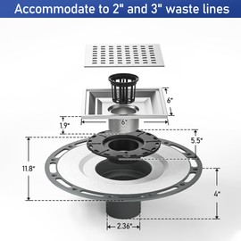 Bernkot Square Shower Drain, 6" Brushed with PVC Bonding Flange Base 304 Stainless Steel Drain Grate Removable with Stainless Drain Key for Low Profile Shower Tiles, CUPC Certified