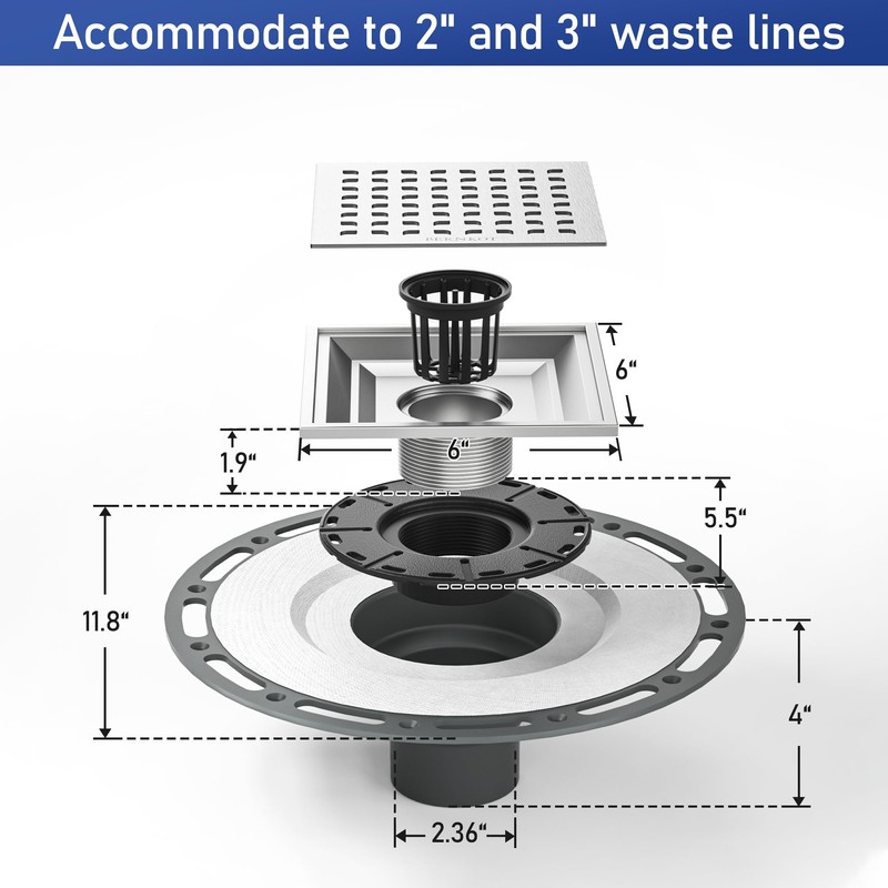 Square Shower Drain w/PVC Bonding Flange Base, 6" Brushed