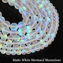 Matte White Aurora Crystal Glass Beads, 8MM Frosted Glitter Shining Mermaid Round Loose Beads, Rainbow Holographic Synthetic Moonstone for Jewelry Making DIY Bracelet