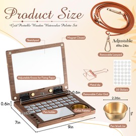 Affrolling 27 Grid Portable Wooden Watercolor Palette Set Ravel Paint Tray Palette as an Easel with 6 Pcs Travel Watercolor Brushes and 4 Binder Clips 1 Pcs Adjustable Shoulder Strap for Painting