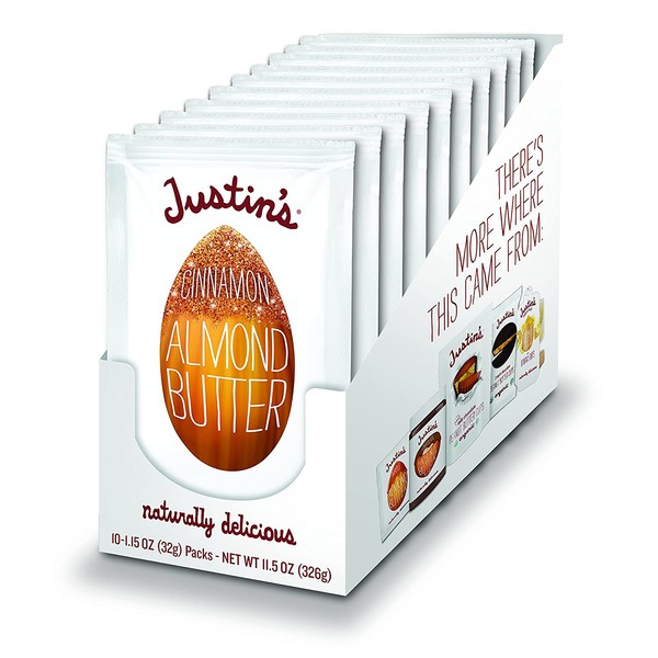 Justin's Cinnamon Almond Butter Squeeze Packs, Gluten-free, Non-GMO, Responsibly Sourced, 1.15 Oz, Pack of 10
