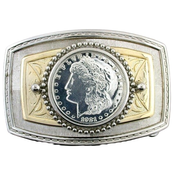 Silver Gold Color REAL 1921 Morgan Silver Dollar Belt Buckle