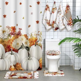 Honoson 8 Pcs Fall Shower Curtain Set Thanksgiving Autumn Bathroom Sets with Rugs and Kitchen Towels Harvest Pumpkins Maple Leaf Yellow Floral Watercolor Fabric with Hooks Housewarming Gifts Decor