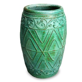 roro Hand-Crafted Green Copper Classical Asian Antiquity Matte Inspired Ceramic Stoneware Vase, Rustic Copper Patina Drum