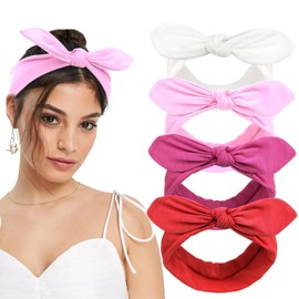 YISSION 4PCS Knotted Bow Headbands for Women Girls Non Slip Wide Head Bands Top Knot Hairbands for Yoga Workout Red Pink White Headband Turban Headwrap Hair Accessories for Women