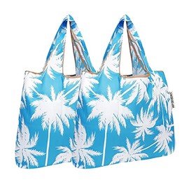 allydrew Foldable Tote Nylon Reusable Grocery Bag (Set of 2), Palm Trees in Blue