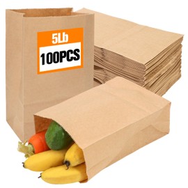 5lb Brown Paper Lunch Bag 100 Count Large Size Compostable Paper Bag for Kid, Sandwich Baked Burger Sack Food, Bulk Snack, Shopping, Recyclable or Disposable Packing Stock Blank Bags for Your Home