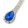 Sapphire Blue/Clear Crystal Teardrop Clip On Earrings In Silver Tone