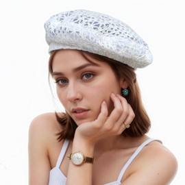 Panchitalk Women Lace Beret Hat, Vintage French Style Beanie Floral Hollow Out Artist Cap Summer Breathable Painter Hat, White, One Size