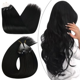 Ugeat Real Human Hair Extensions, Bonded Micro Ring Extensions, Colour 1 Black, 45 cm, 50 g, 50 Strands
