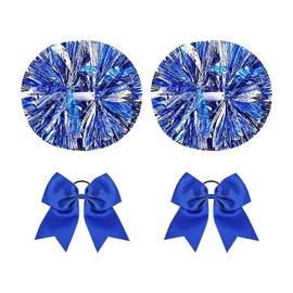 FSSTUD 2 Pcs 14 Inch Cheerleading Pom Poms Large Cheer Pom Poms Dance Team Pom Poms Baton Handle Pom Poms with 2 Pcs Cheerleader Hair Bows for Teen Girls Blue