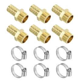 QUARKZMAN Brass Hose Barb, 6 Pieces, 3/4 Inch x 3/4 Inch NPT Male Brass Hose Barb with Hose Clamps for Water, Fuel, Air
