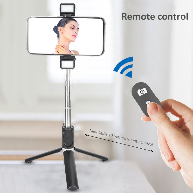 Tripod Selfie Stick with Light Mobile Phone Wireless Bluetooth Foldable