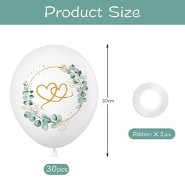 Pack of 30 Wedding Balloons Helium Balloons Wedding Hearts Around Eucalyptus White Wedding Balloons Helium Set for Birthday Engagement Bridal Shower Valentine's Day Wedding Decoration