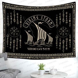 F-FUN SOUL Nordic Vikings Tapestry, Large 80x60inches Soft Flannel, Viking Warship Storm Celtic Rune Scandinavian Aesthetic Mythology Tapestry Wall Hanging for Bedroom Living Room Decor GTZYFS1623