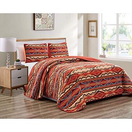 Rustic Western Native American Quilt Bedspread Coverlet Bedding Set in Modern Southwest Tribal Patterns in Soft Beige Brown Turquoise Blue Copper Burnt Orange & Rust Colors - Arizona (Full / Queen)