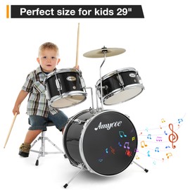 GarveeLife Drum Set, 3 Piece Junior Drum Set with with Cymbal, Tom, Bass Drum, Drumsticks, Bass Pedal and Drum Stool, Beginner Musical Instruments,Black