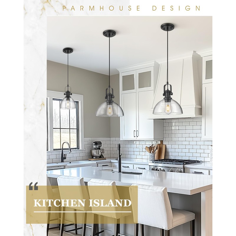 Audickic Black Pendant Lights Kitchen Island, 10.5" Farmhouse Pendant Lighting