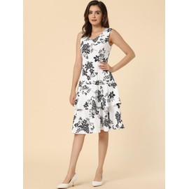 Allegra K Women's Dress Suit Sets 2 pcs Chiffon V Neck Floral Print Contrast Panel Work Jacket Dresses Large Black