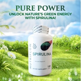 Natural Spirulina Capsules Super Green Powder Supplement | Spirulina Powder Nutri Flow Superfood | Non-GMO Vegan Vegetable Rich in Vegan Protein 180 Capsules